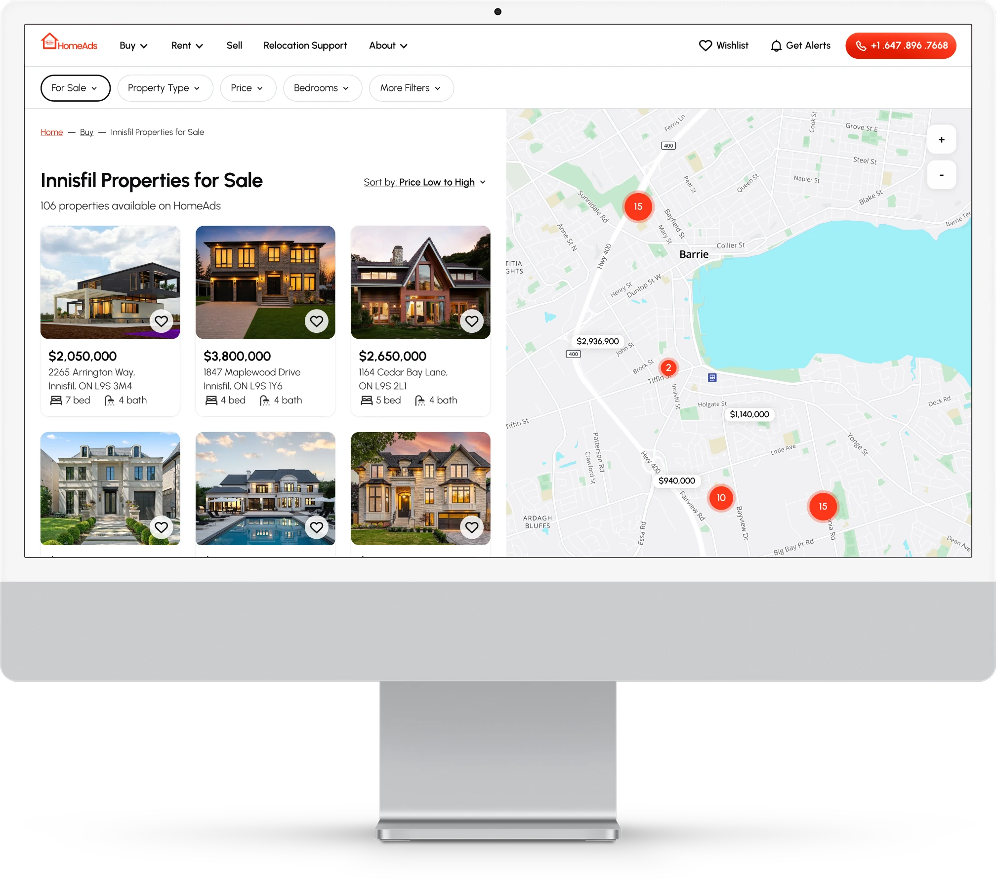 The redesigned Innisfil Properties for Sale page on a desktop screen. Global navigation and a filter row sit above a split view: a scrolling grid of property cards on the left, each with a photo, price, street address, bed and bath counts and a wishlist heart, and a live map on the right showing clustered counts and individual prices for the same listings.