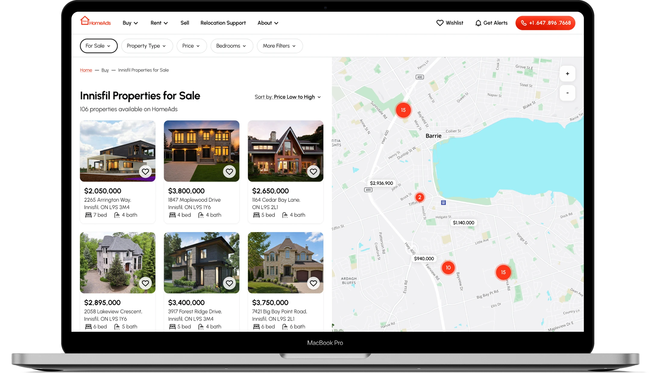 The Innisfil Properties for Sale page on a laptop: navigation with Buy, Rent, Sell, Relocation Support, and About; a filter row with For Sale active; listing cards on the left and a map with prices and clusters on the right. Distinct paths for rent and sale. A clear path to both Rent and Sale markets runs through top navigation and filtering. Dedicated Rent and Sale navigation items provide direct entry points, while the active property-type filter is visually distinct to maintain context throughout the browsing experience.