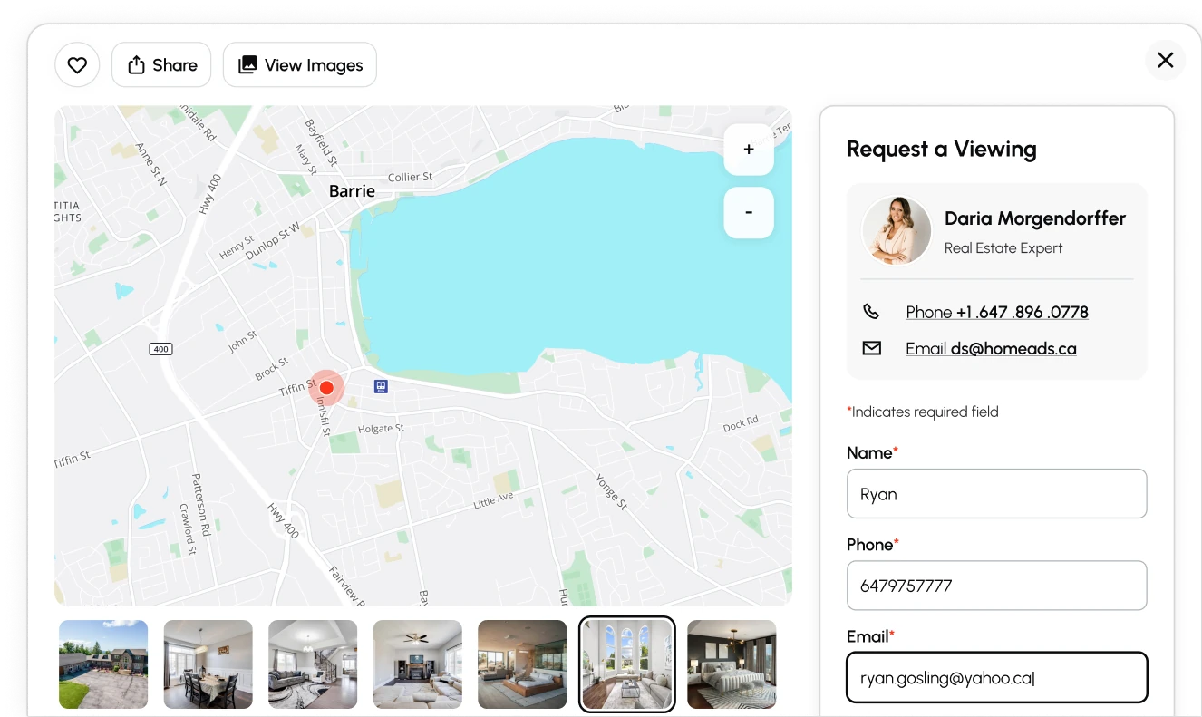 A listing opened over the map view: the map with the property pinned, photo thumbnails, and the Request a Viewing form beside the agent’s contact details.