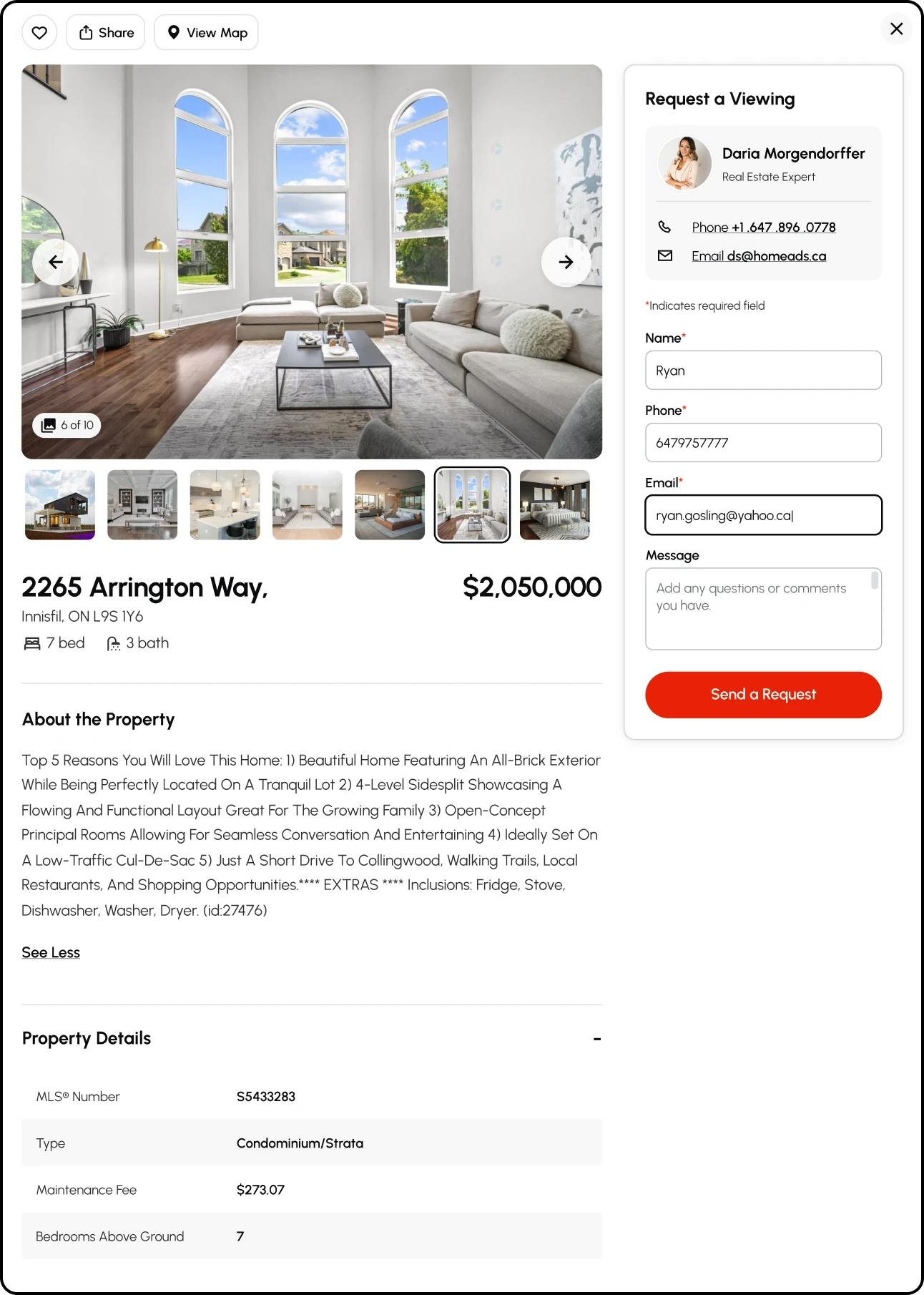 The listing page: a photo gallery, 2265 Arrington Way at $2,050,000, About the Property, and Property Details, beside the Request a Viewing form, with Share and View Map at the top.