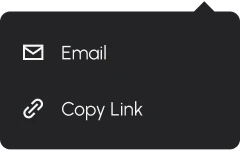 The share menu: Email and Copy Link. Share control. A share control on the listing page offers two routes: send it by email, or copy the link and paste it wherever the conversation is already happening.