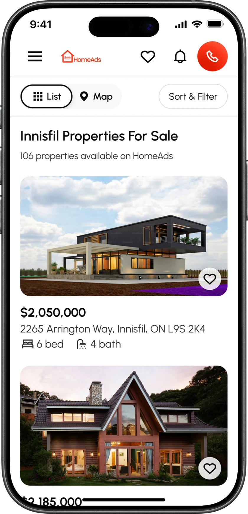 Innisfil Properties For Sale on a phone in list view, with List, Map, and Sort & Filter at the top and listing cards each carrying a heart. Accessible click/ touch target sizes. Target sizes are designed around a 44px minimum. For example, a heart/ favourite button may have a 24×24px visible area while retaining a 44×44px hit area. The same interaction targets are used across desktop and mobile, avoiding unnecessary duplication of components in the design system.