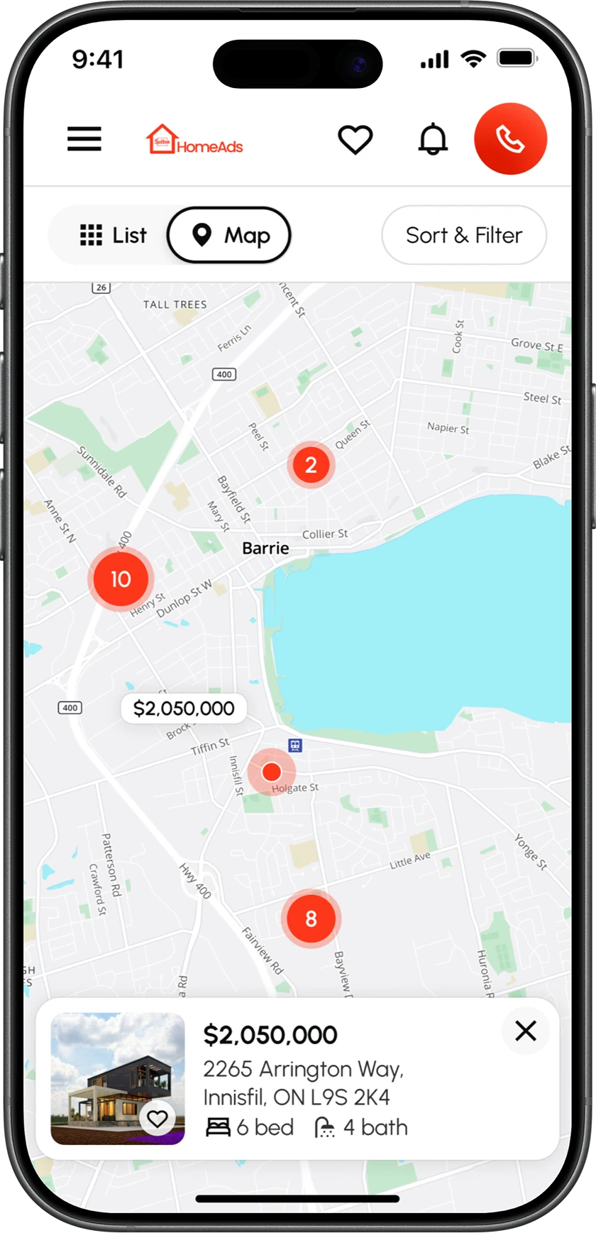 The same search in map view on a phone, with clusters and a price marker, and the selected listing’s card at the bottom.