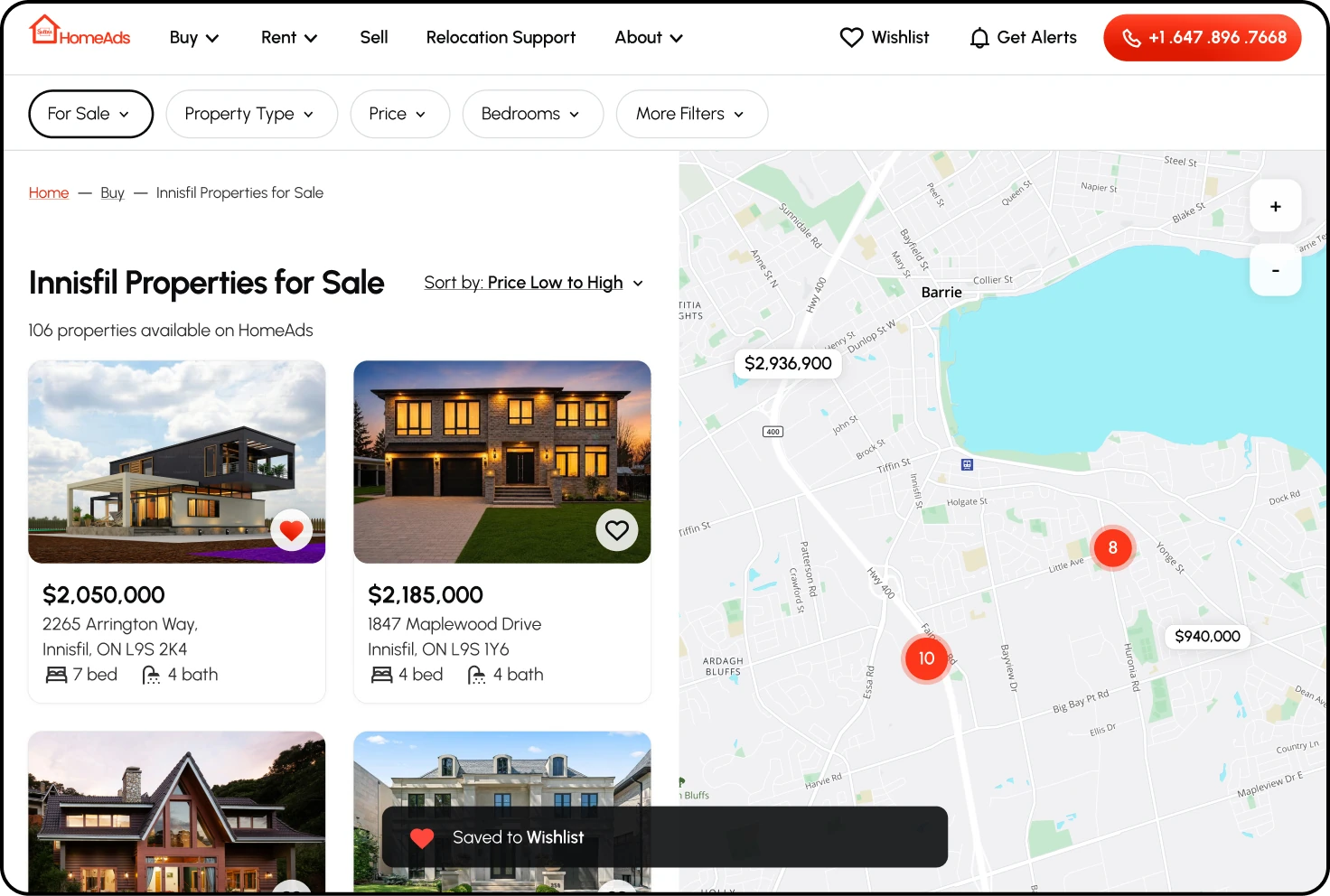 The listings page on a desktop with two listings saved, their hearts filled, and a Saved to Wishlist toast. The wishlist. The wishlist feature is fully functional across viewports. A bulk request-to-view action allows users to request viewings for multiple saved listings at once instead of submitting requests individually.
