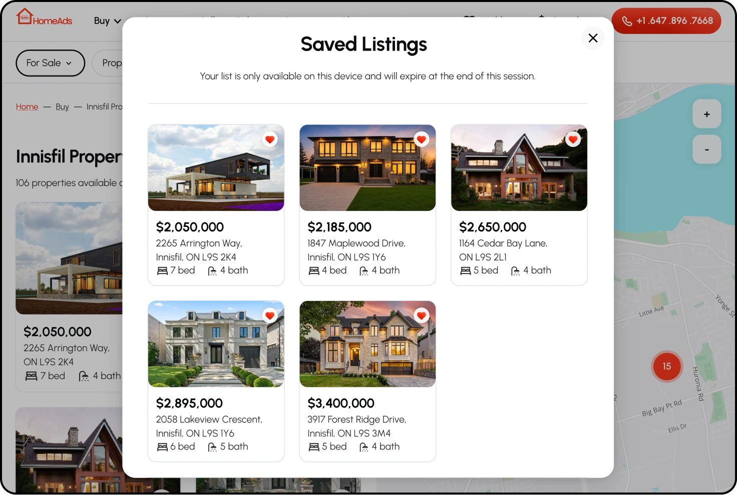 The Saved Listings window open over the listings, noting that the list is kept on this device until the end of the session, with five saved homes.