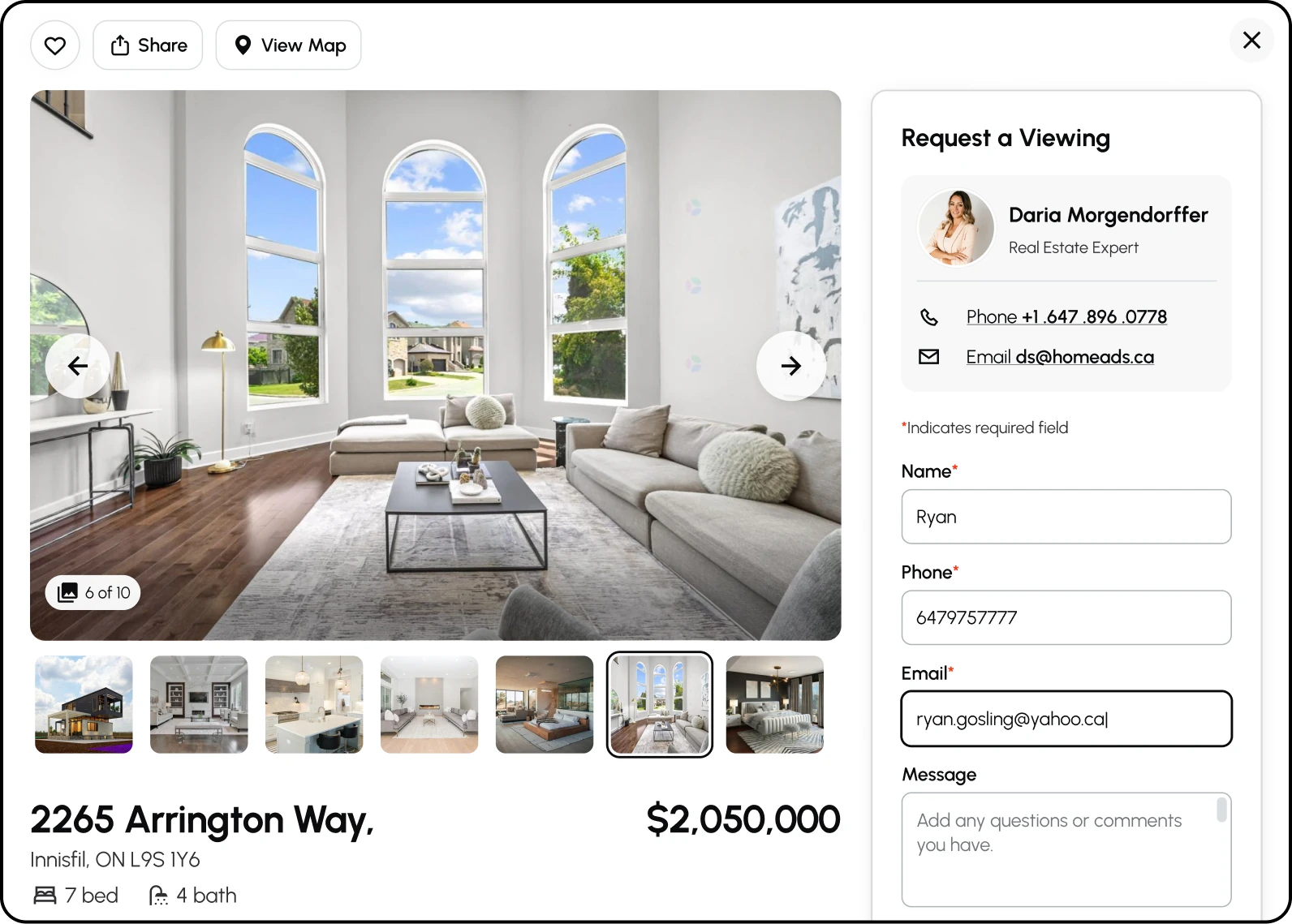 The listing page on a desktop: the photo gallery, the address and price, and the Request a Viewing form. Buyer decision tools. Property descriptions are expanded, and a mortgage calculator sits directly on the page. This allows the property itself and an estimated monthly payment to be considered together, without leaving the site.