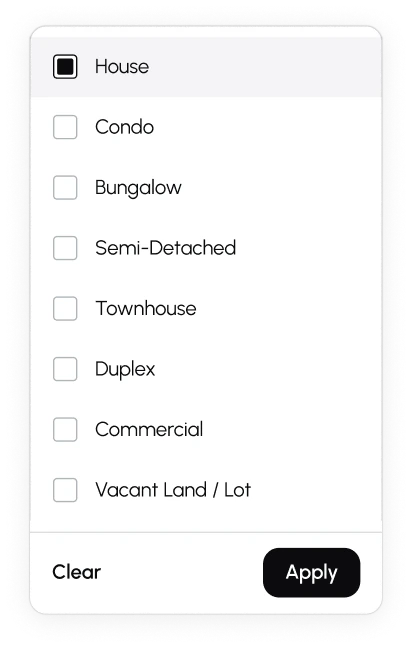 The property type filter with House checked, and Condo, Bungalow, Semi-Detached, Townhouse, Duplex, Commercial, and Vacant Land / Lot unchecked.