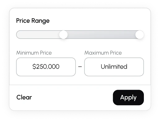 The price range filter: a slider, and minimum and maximum fields set to $250,000 and Unlimited.