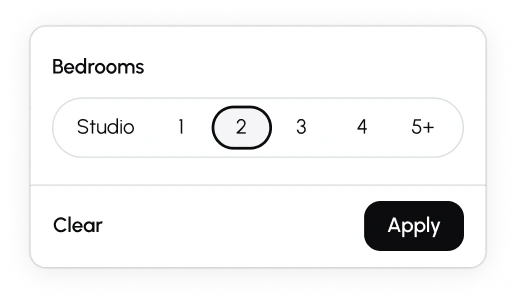 The bedrooms filter: Studio, 1, 2, 3, 4, and 5+, with 2 selected.