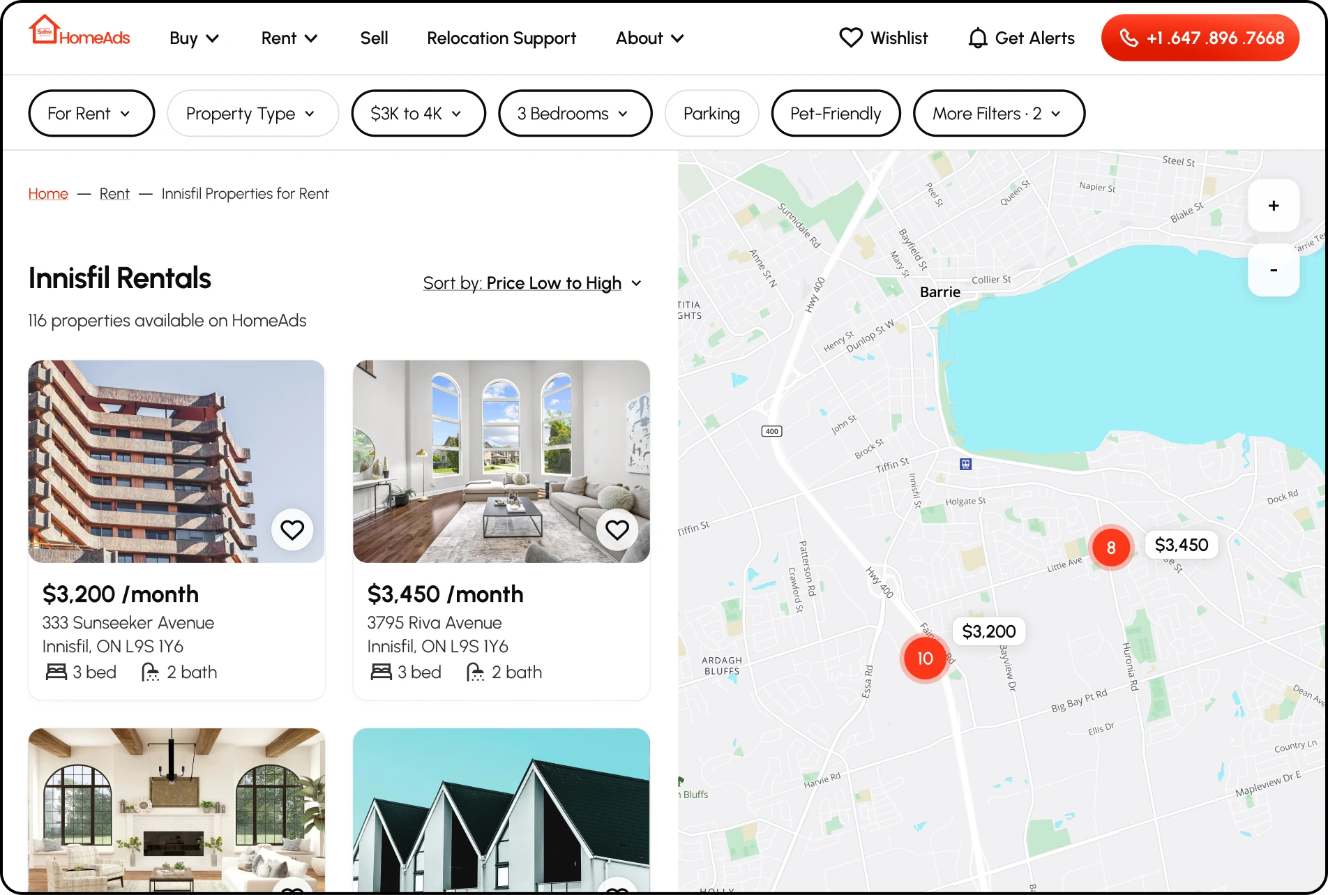 Innisfil Rentals on a desktop, with Parking and Pet-Friendly in the filter row beside the selected price and bedroom filters, rental cards on the left, and a map on the right. Streamlined filtering. Filtering is streamlined, with redundant options removed and categories clarified. For rentals, commonly used filters such as Pet-Friendly and Parking sit directly in the filter row, making key features immediately accessible. Selected and unselected filters are visually distinct, so the active set reads at a glance.