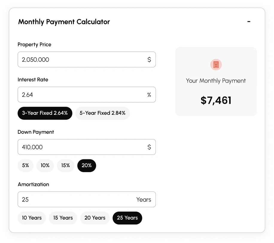 The Monthly Payment Calculator: property price, interest rate with 3-year and 5-year fixed presets, down payment with percentage presets, and amortization, giving a monthly payment of $7,461.