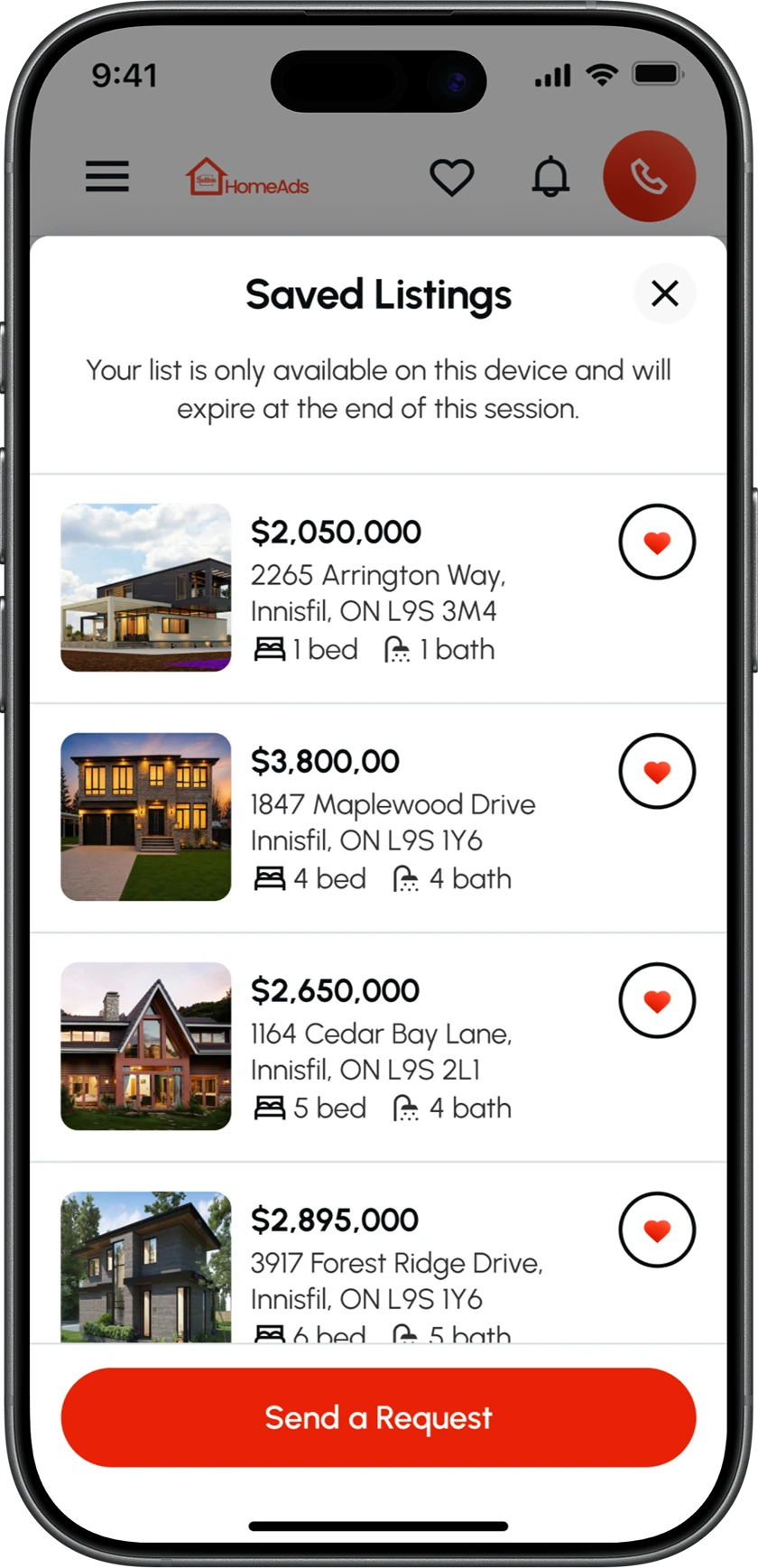 Saved Listings on a phone: four saved homes with filled hearts, and a Send a Request button at the bottom.