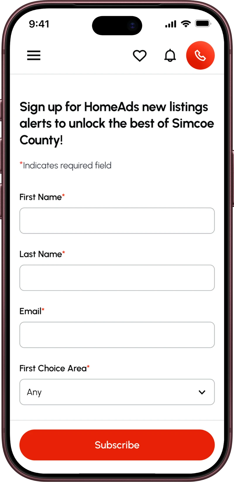 The new listings alert form on a phone: Sign up for HomeAds new listings alerts to unlock the best of Simcoe County!, with first name, last name, email, and first choice area, and a Subscribe button. New listings subscription CTA. “Subscribe to New Listings” sits directly in the primary navigation as a prominent CTA, giving the subscription feature significantly greater visibility.