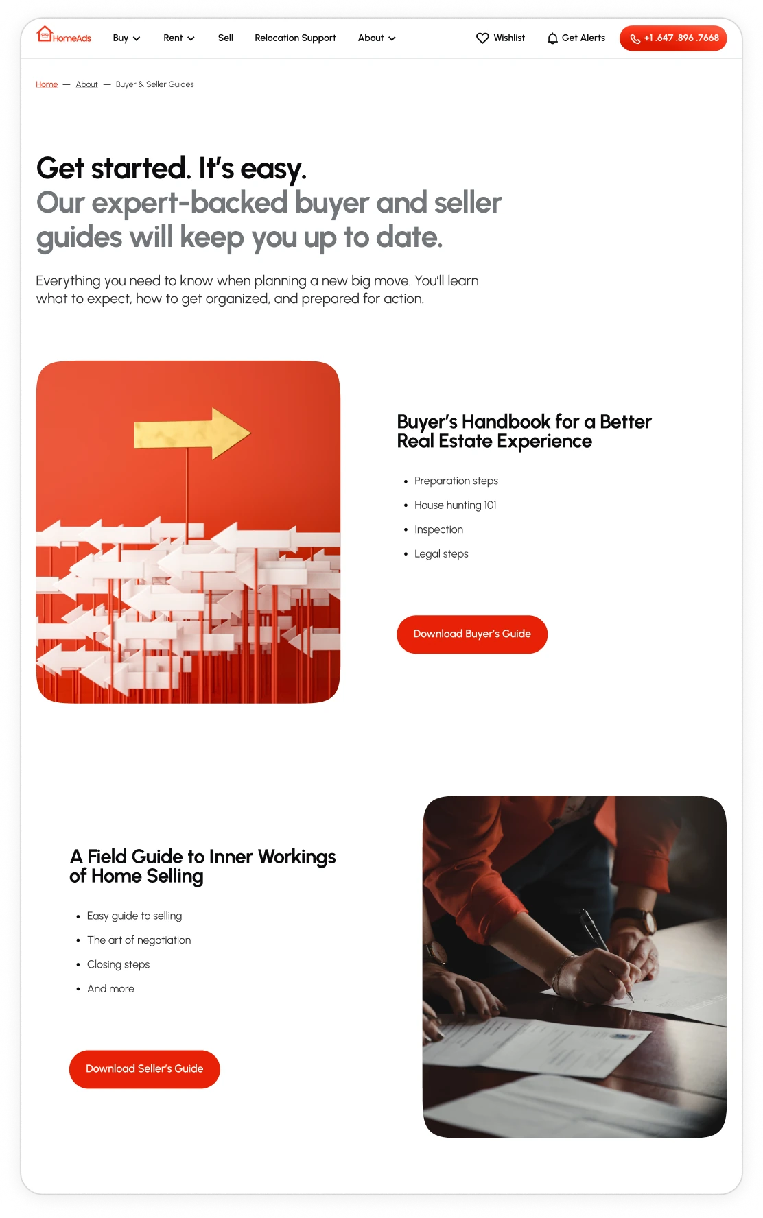 The Buyer & Seller Guides page: Get started. It’s easy., with the Buyer’s Handbook and the seller’s field guide, each with a download button.