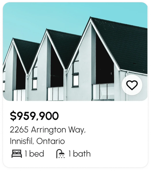 Listing card: photo with a wishlist heart, then $959,900, 2265 Arrington Way, Innisfil, Ontario, 1 bed and 1 bath.
