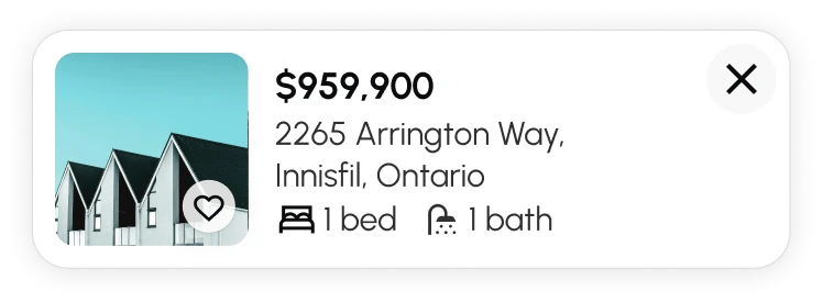 Compact listing card used in the wishlist, with a thumbnail, the same listing details and a close control.