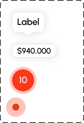Map pin parts: a label callout, a price chip reading $940,000, a cluster marker showing 10, and a single point marker.