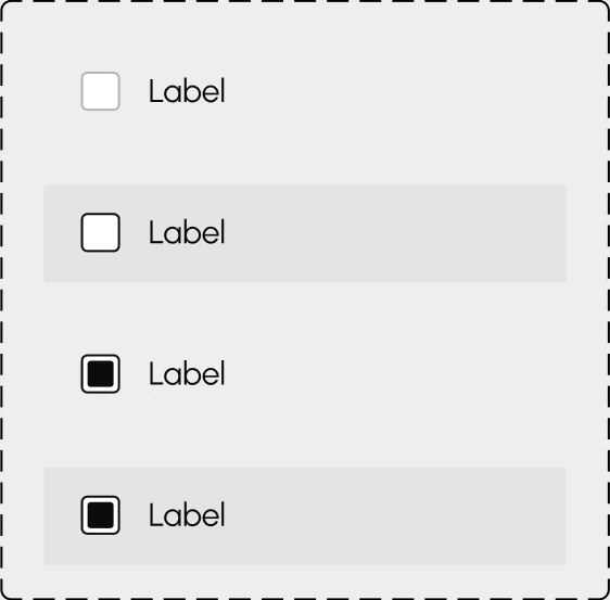 Menu row with a checkbox in four states: unchecked, unchecked on a hovered row, checked, and checked on a hovered row.