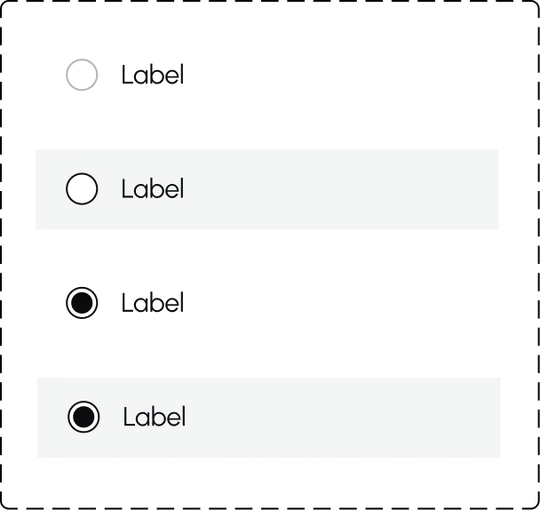 Menu row with a radio button in four states: disabled, unselected on a hovered row, selected, and selected on a hovered row.