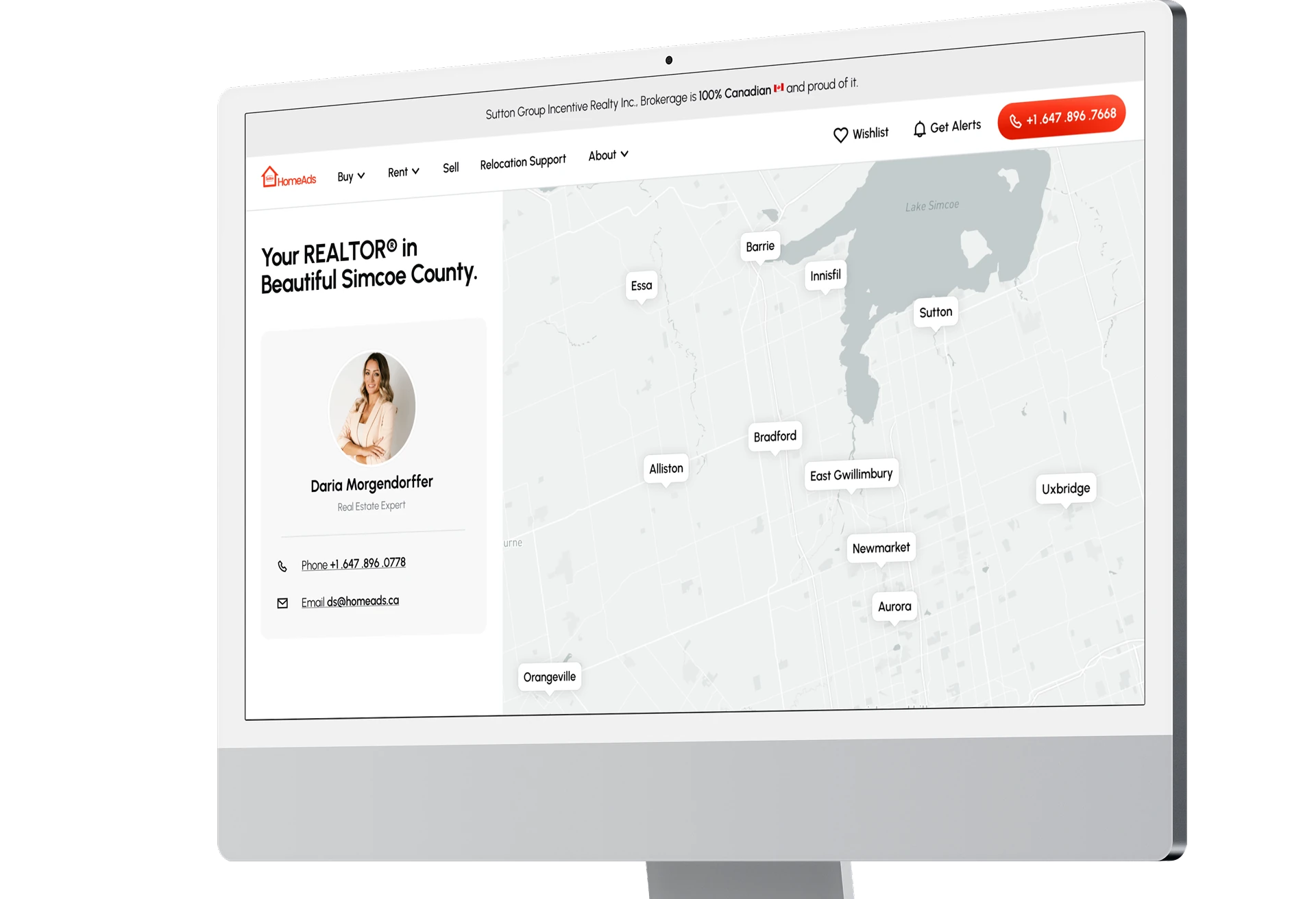 The homepage on a desktop: Your REALTOR® in Beautiful Simcoe County, the agent card for Daria Morgendorffer, and a map of the Simcoe County towns.