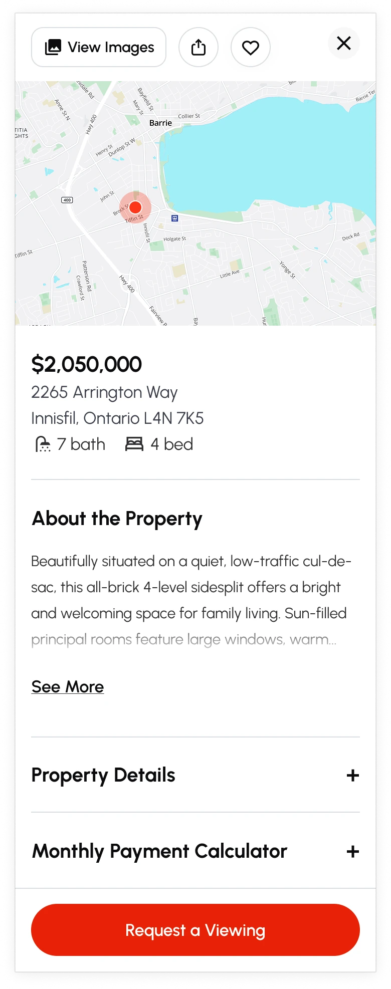 The property page in the map view: the listing pinned on the map, then $2,050,000, 2265 Arrington Way, About the Property, Property Details, Monthly Payment Calculator, and Request a Viewing.