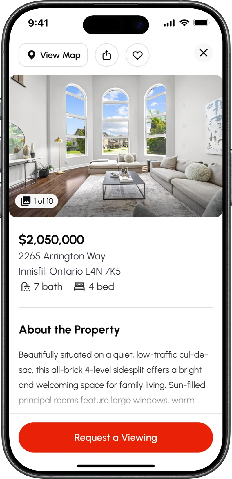 The property page on a phone: the photo gallery, the price and address, 7 bath and 4 bed, About the Property, and Request a Viewing.