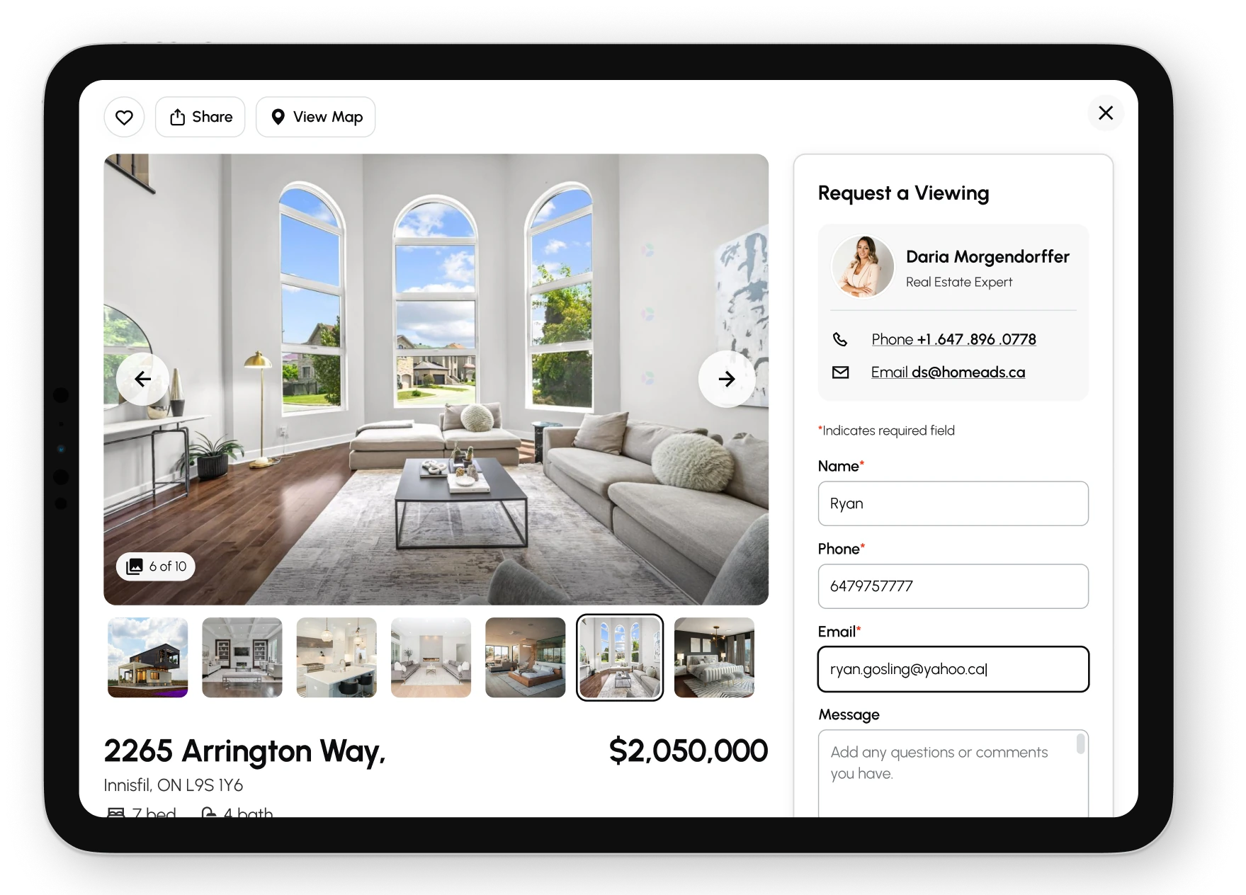 The property page on a tablet: the photo gallery with thumbnails beside the Request a Viewing form, above the address and price.