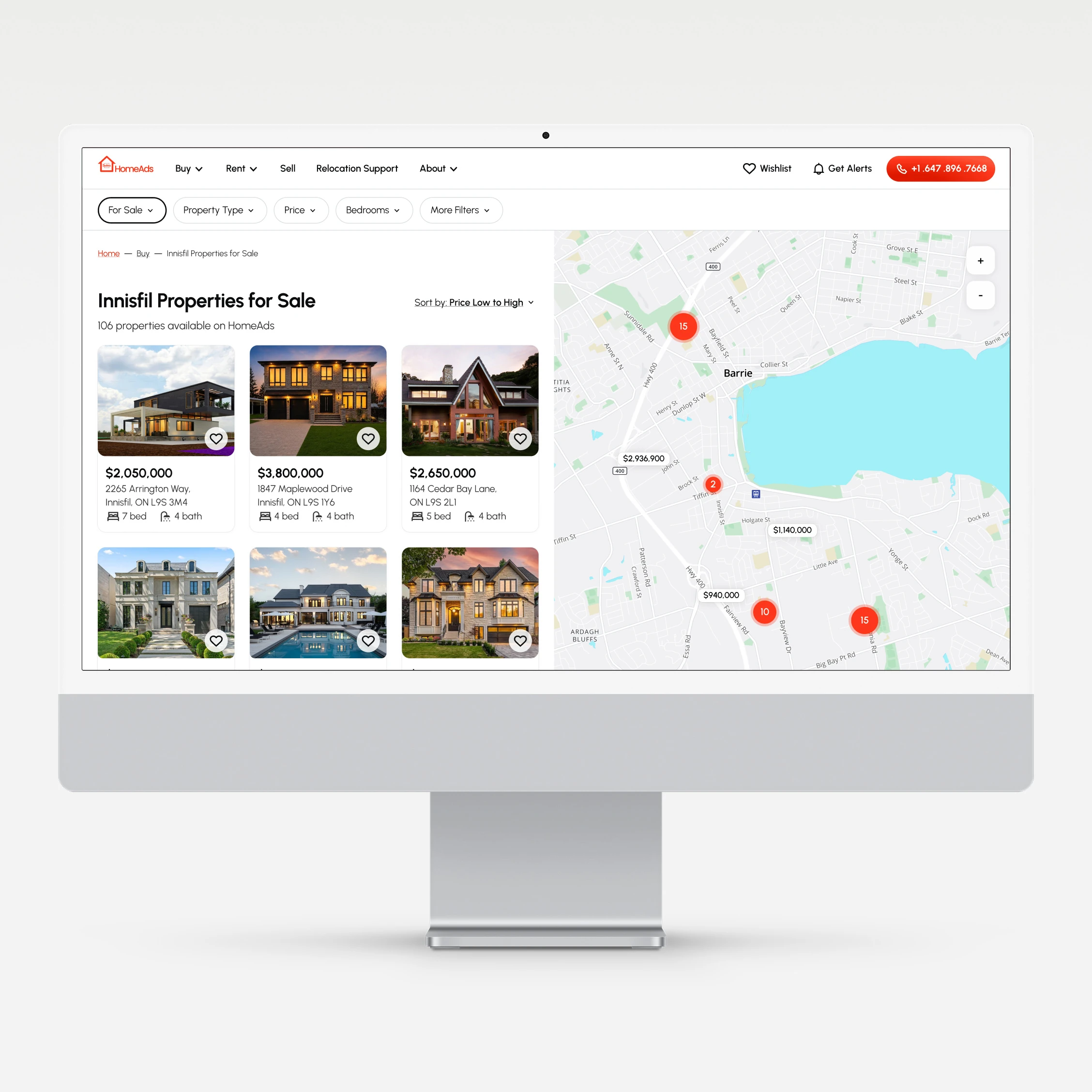 Search results on a desktop: Innisfil Properties for Sale, with filters, a grid of listing cards, and a map showing prices and clusters for the same listings.