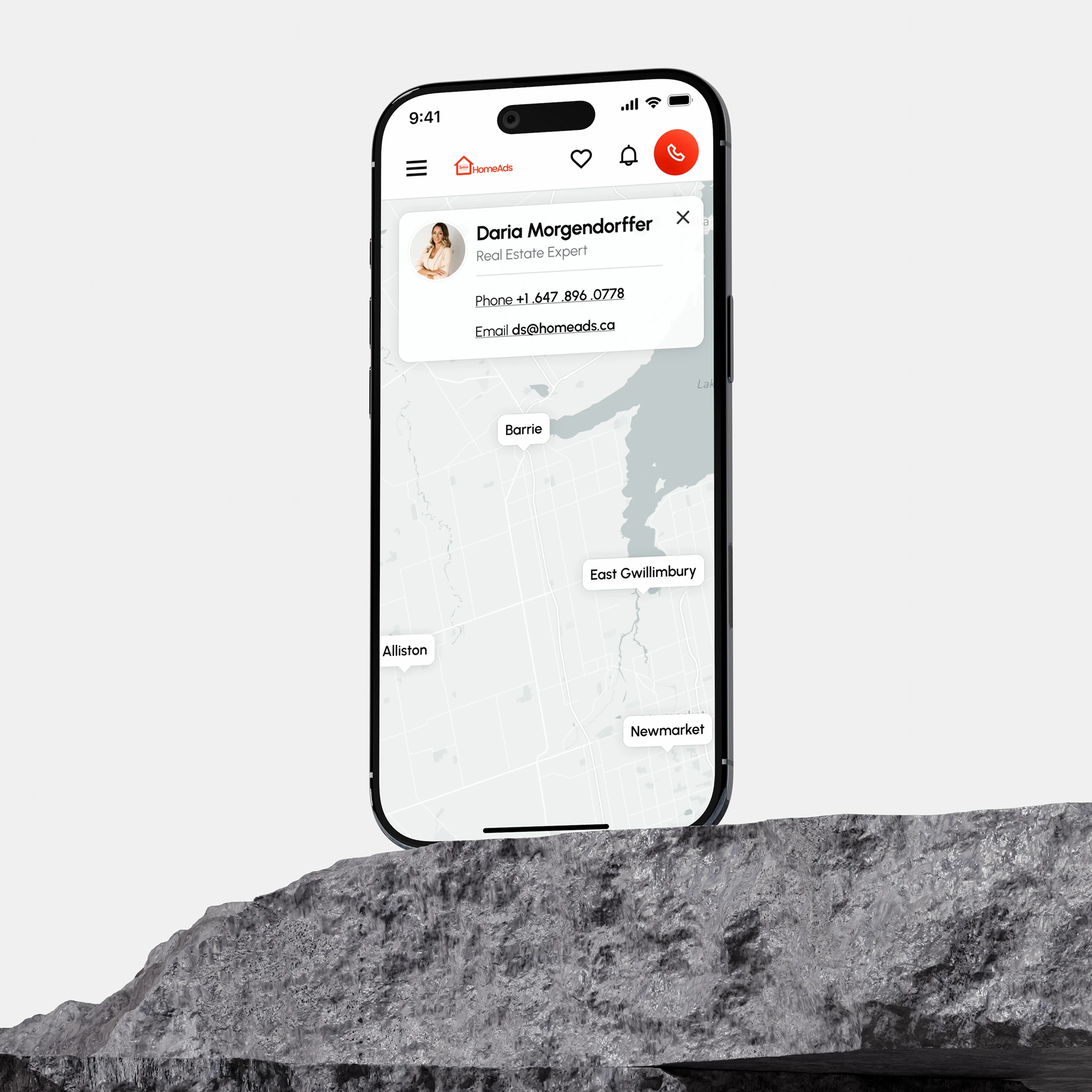 The homepage on a phone: the agent card for Daria Morgendorffer over a map with Barrie, East Gwillimbury, Alliston, and Newmarket.